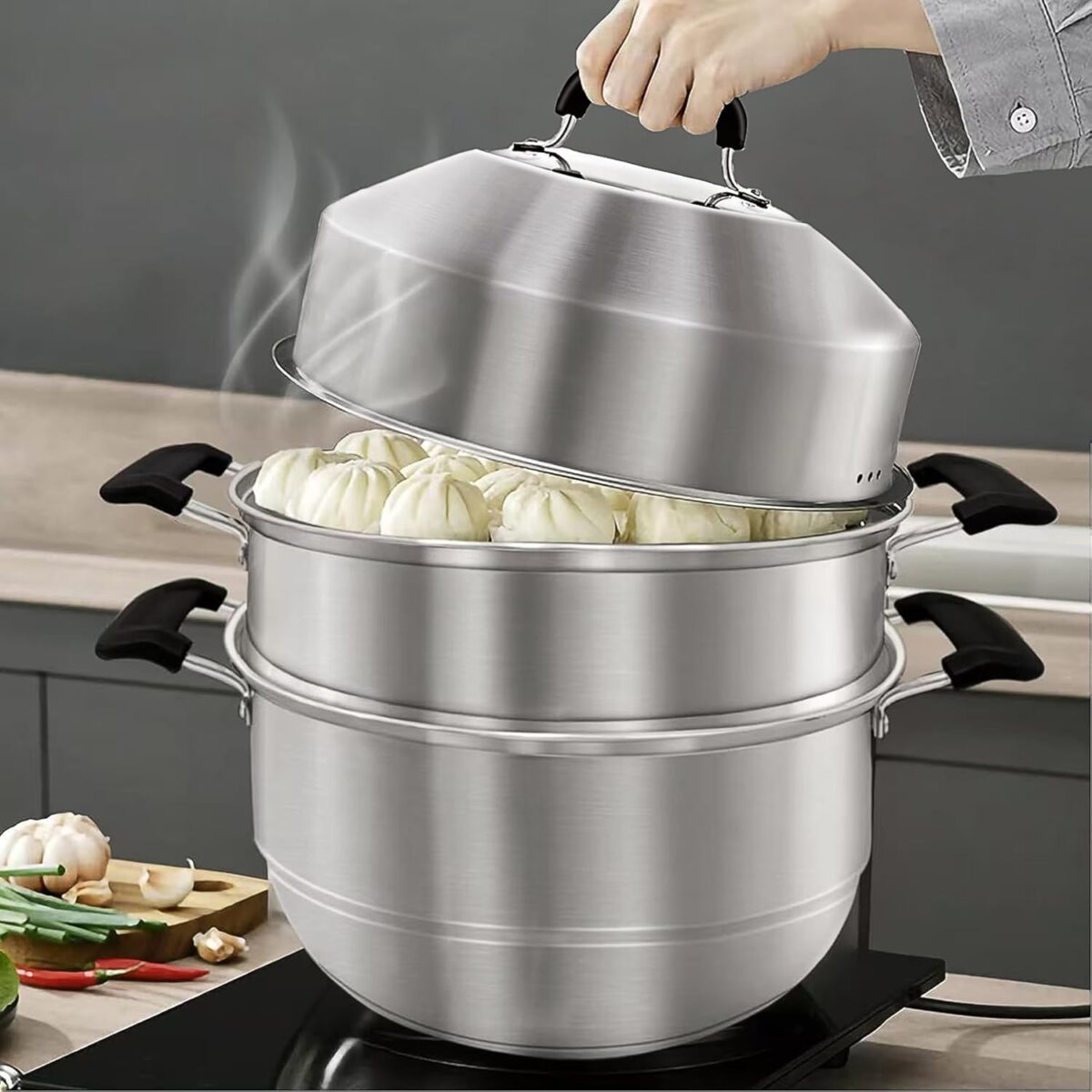 2-Tier Stainless Steel Steamer Pot with Lid