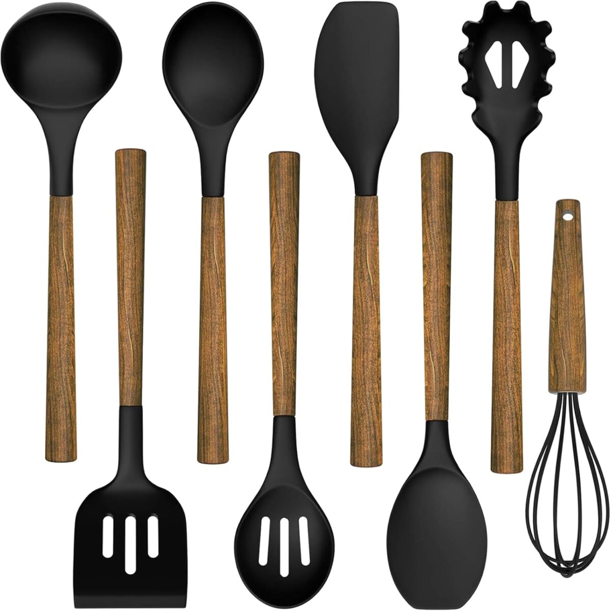 Silicone Cooking Utensils Kitchen Set with Wooden Handles