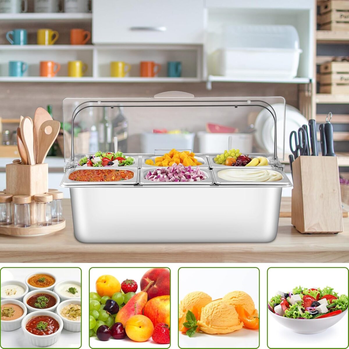 6-Pan Countertop Food Serving Display Container with Clear Roll-Top Cover