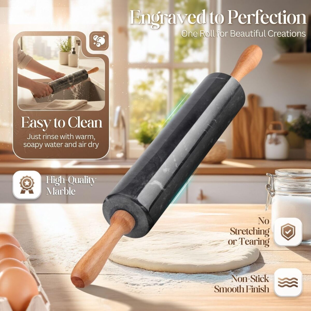 10-Inch Black Marble Rolling Pin with Wooden Handles & Stand