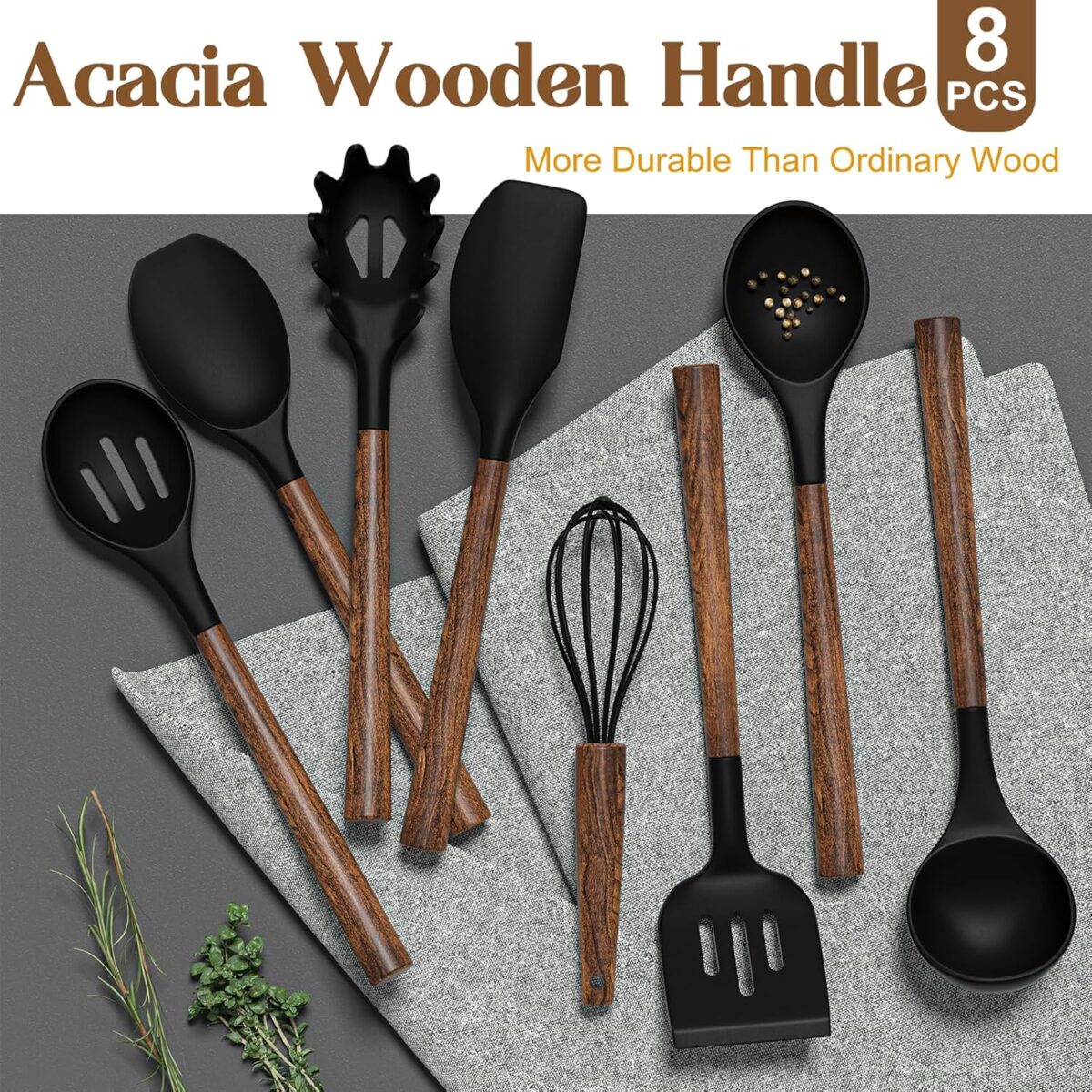 Silicone Cooking Utensils Kitchen Set with Wooden Handles