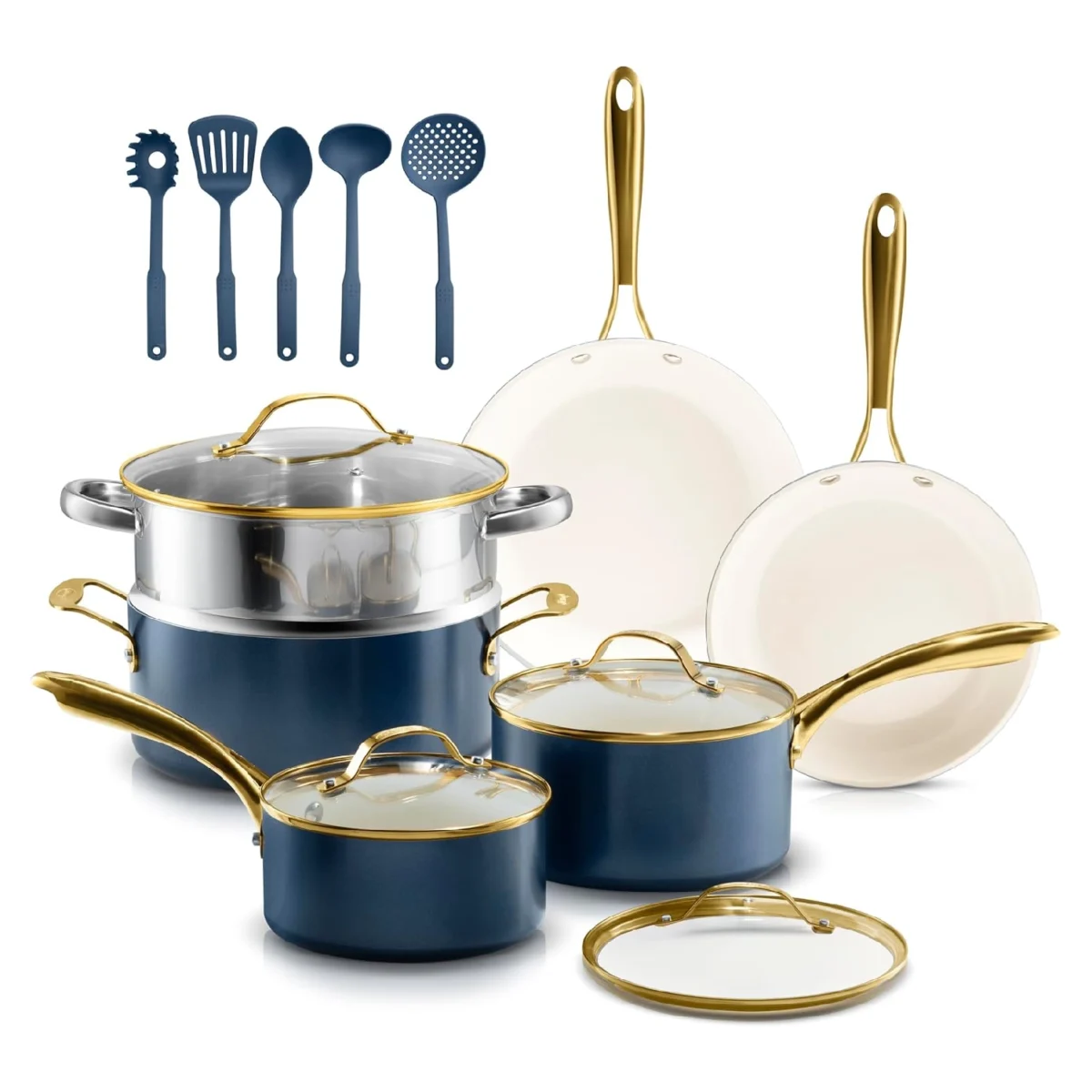 Nonstick Cookware Set with Steamer Basket & Cooking Utensils