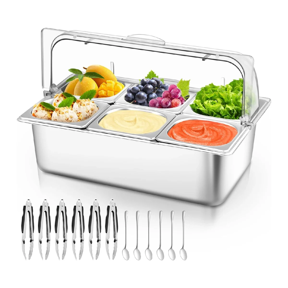 6-Pan Countertop Food Serving Display Container with Clear Roll-Top Cover